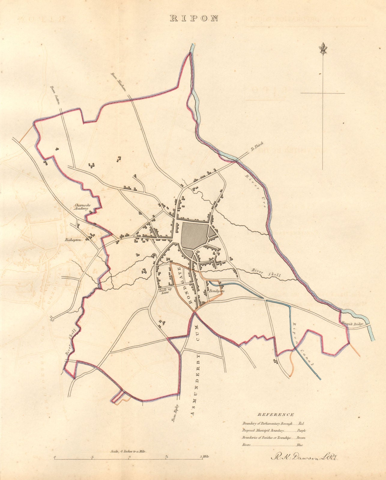 RIPON borough/town plan. BOUNDARY COMMISSION. Yorkshire. DAWSON 1837 old map